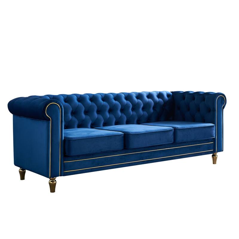 Modern Chesterfield Couch with Button Tufting, High-Density Foam & Gold Accents - 85'' Wide