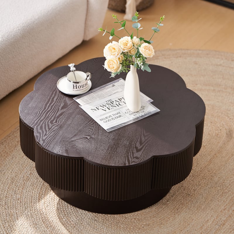 Modern Solid Wood Veneered Round/Oval/Rectangular Coffee Tea Table with Storage. - Dark Brown-Flower Shaped(31.5")