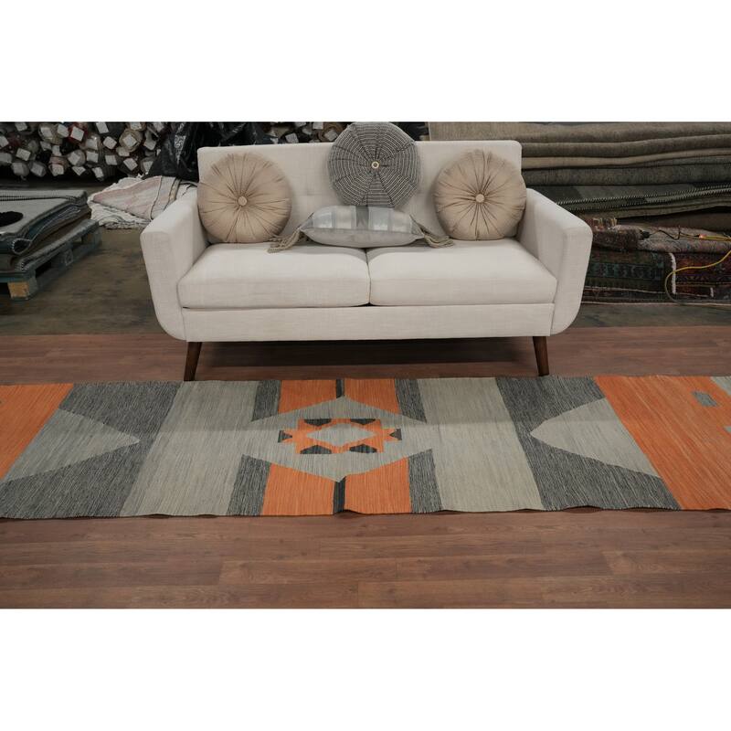 Hand Woven Oriental 100% Wool Carpet Southwestern Modern Greys & Charcoal Kilim Runner Rug - 11' 7'' X 2' 8''