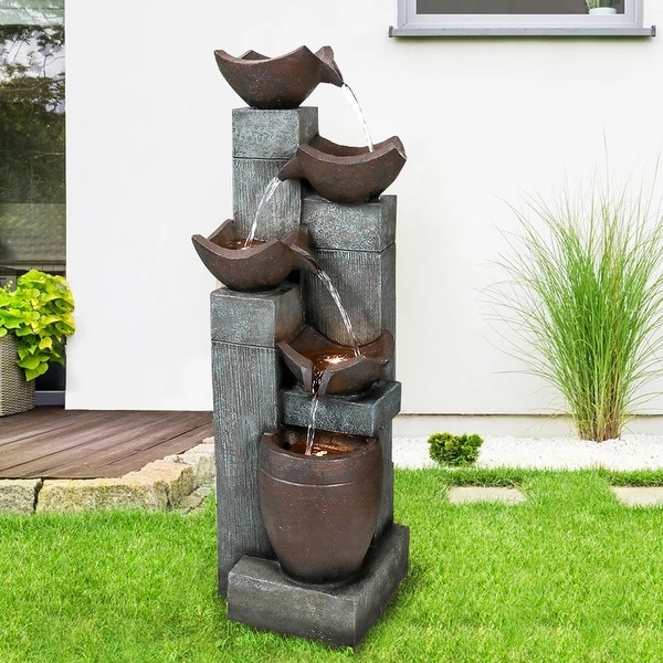5-Tier Outdoor Water Fountains w/LED Lights Resin Fountain for Garden
