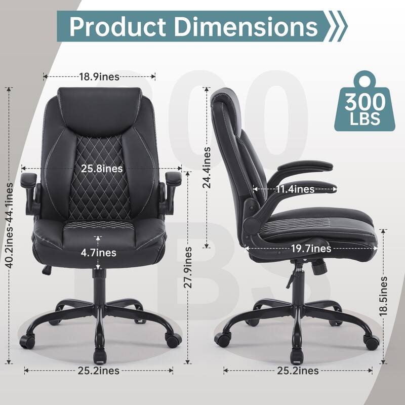 Leather Ergonomic Back Support Swivel Executive Office Chair with Wheels and Flip-Up Armrests, with Adjustable Rocking Function
