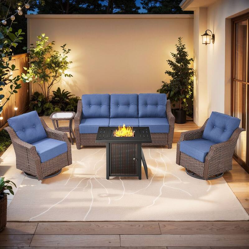 Pocassy Sofa Funiture with Fire Pit Table - Brown Wicker & Blue Cushion - 5-Piece Sofa with Square Steel Fire Table