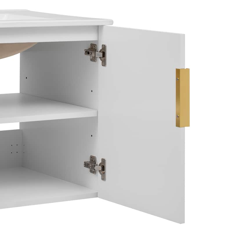 Wall Mounted Bathroom Vanity Floating Storage Cabinet with Ceramic Sink, Geometric Lines Dual Doors and Adjustable Shelf