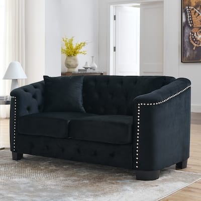 59-Inch Modern Chesterfield Velvet 3-Seater Sofa with Nailhead Trim (Black)