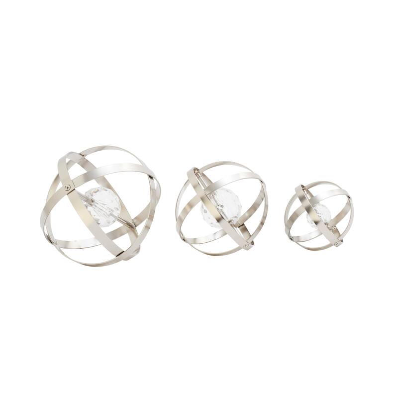 Metal Geometric Orb Decorative Sculpture with Acrylic Center - Set of 3 Gold or Silver - Roche River Decor