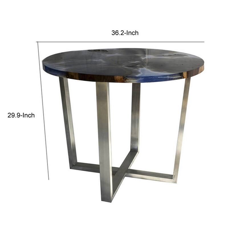 36 Inch Coffee Table, Round Resin Top, Sonokeling Wood Frame, Blue, Gray