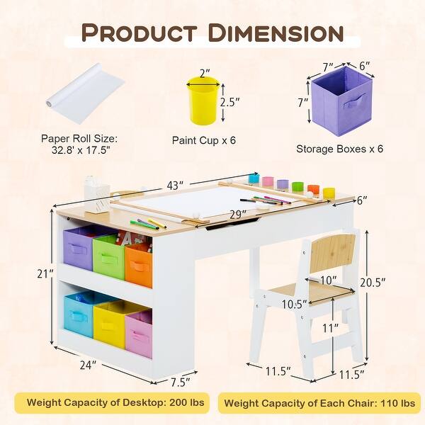 Gymax 2-in-1 Kids Wooden Art Table and Art Easel Set w/ Chairs Paper
