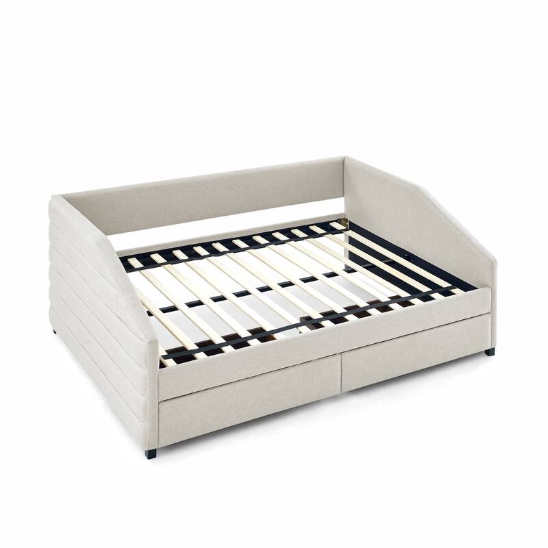 Twin/Full/Queen Size Upholstered Daybed with 2 Drawers, Linen Fabric Upholstered Sofa Bed, Wheeled Storage Daybed w/ Wood Frame