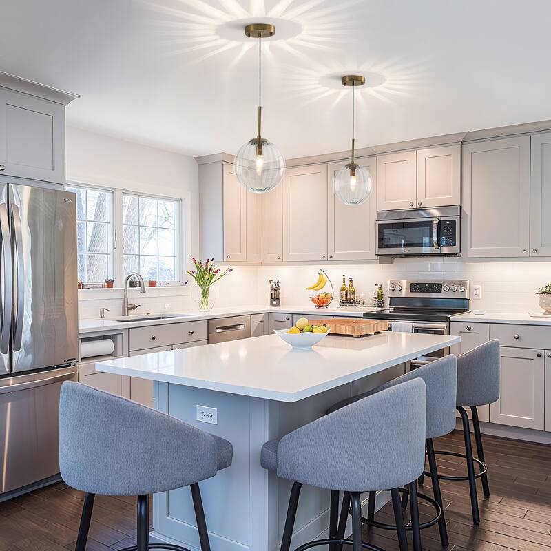 1-Light Brushed Gold Pendant Lighting with Clear Ribbed Glass Shade