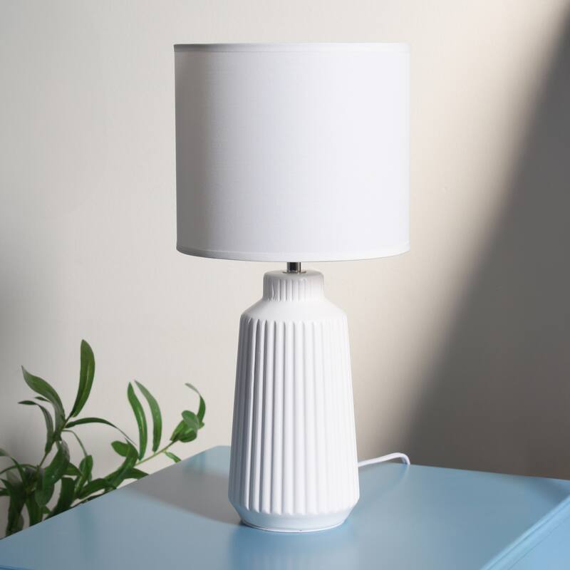 Vertical Grooved Ceramic Table Lamp with Drum Shade - 16" - White