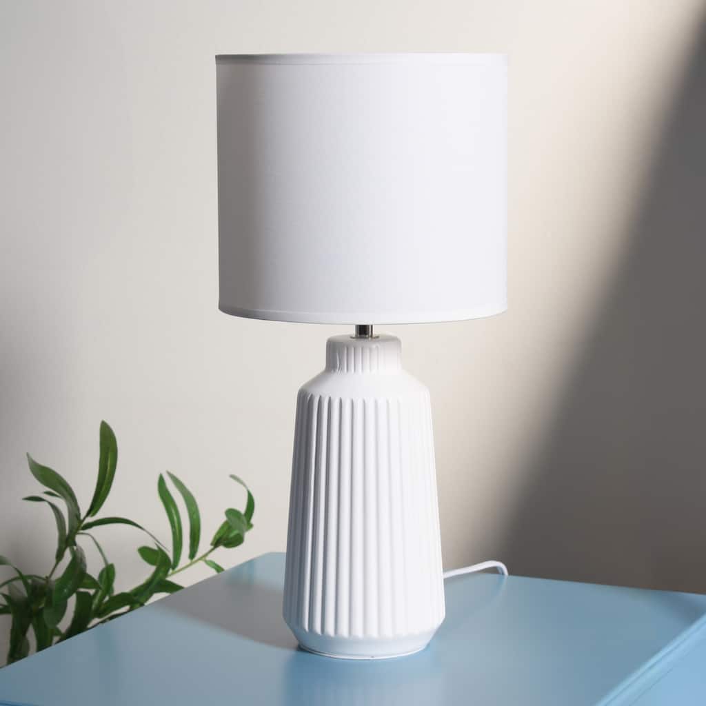 Vertical Grooved Ceramic Table Lamp with Drum Shade - 16" - White