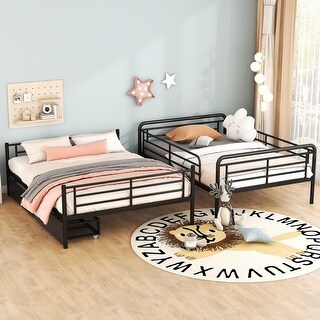 Metal Frame Black Bunk Bed with 2 Drawers, Ladder, Convertible Queen Storage Bed and Full XL Guardrails Bed for Apartment