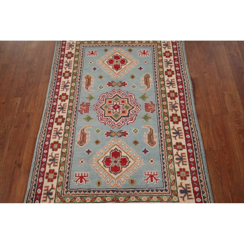 Light Blue Geometric Kazak Accent Rug Hand-Knotted Foyer Wool Carpet - 2'8" x 4'3"