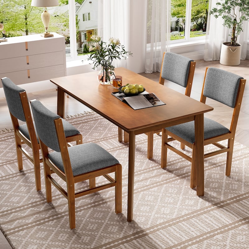 Modern 5 Piece Rectangle Wooden Dining Table Set 4 Person Dining Table Set with Kitchen Table and 4 Upholstered Chairs - Brown