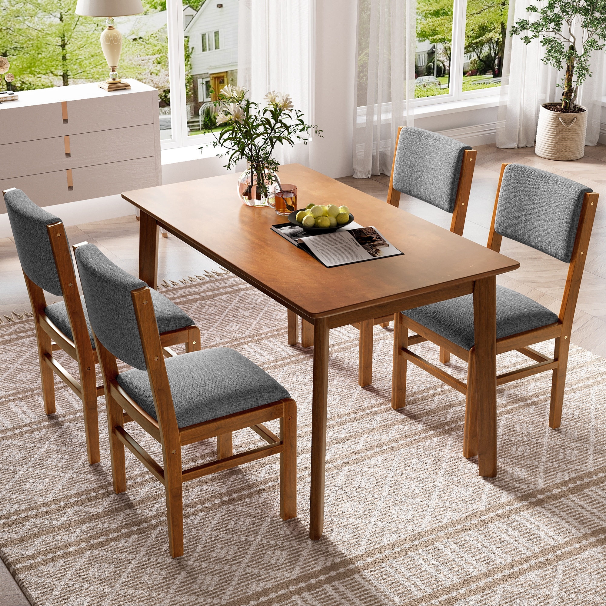 Modern 5 Piece Rectangle Wooden Dining Table Set 4 Person Dining Table Set with Kitchen Table and 4 Upholstered Chairs