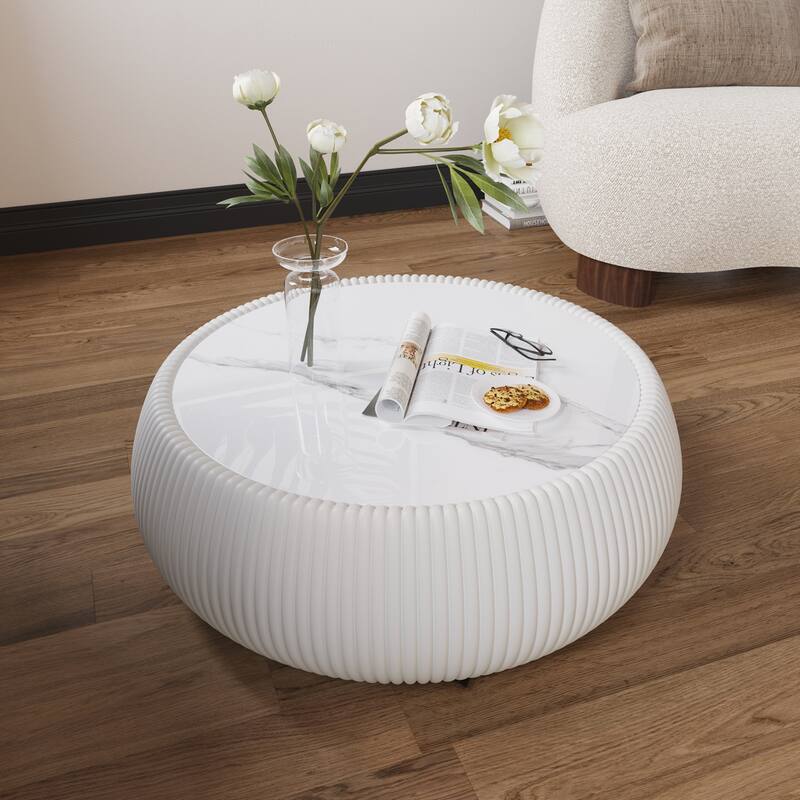 GDFStudio - Sintered Stone Top Upholstered Drum Coffee Table with Grey Pattern Round Design