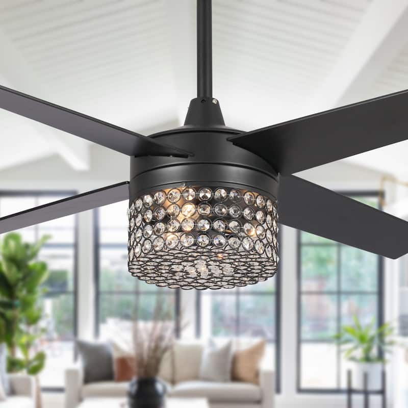 48" Modern Black Crystal Chandelier Ceiling Fan with Light Kit and Remote - 48 in. W X 48 in. D X 17 in. H - Black