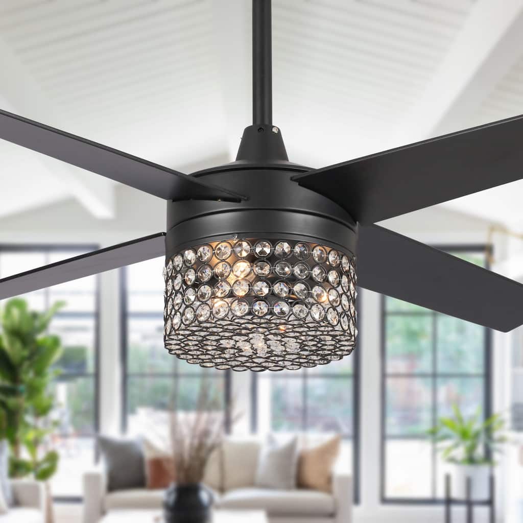 48" Modern Black Crystal Chandelier Ceiling Fan with Light Kit and Remote - 48 in. W X 48 in. D X 17 in. H