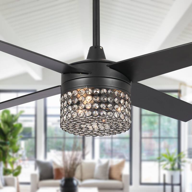 48 in. Modern Black Crystal Chandelier Ceiling Fan with Light Kit and Remote - 48 in. W X 48 in. D X 17 in. H - Black