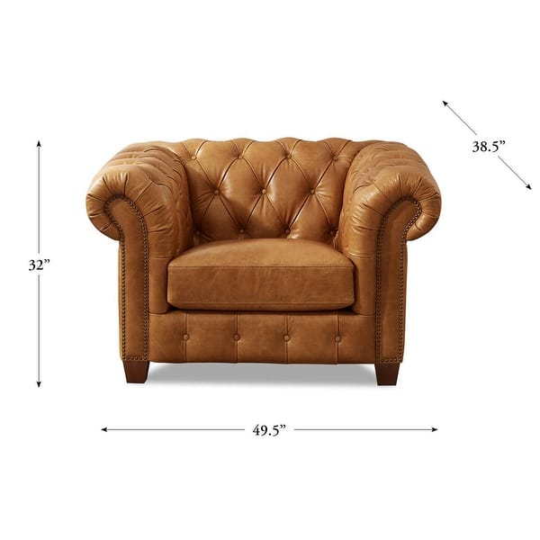 Hydeline Kingston Top Grain Leather Chesterfield Sofa and Chair Set with Feather, Memory Foam