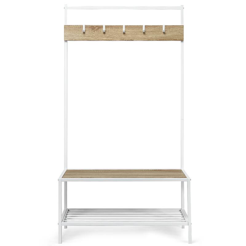 COSTWAY 3 in 1 Industrial Coat Rack Shoe Bench Entryway Hall Tree - 35.5'' x 16'' x 67'' (LxWxH)