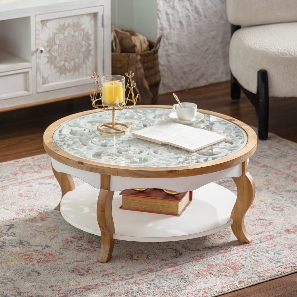GDFStudio - Farmhouse Round Coffee Table with Tempered Glass Top and 2-Tier Open Storage