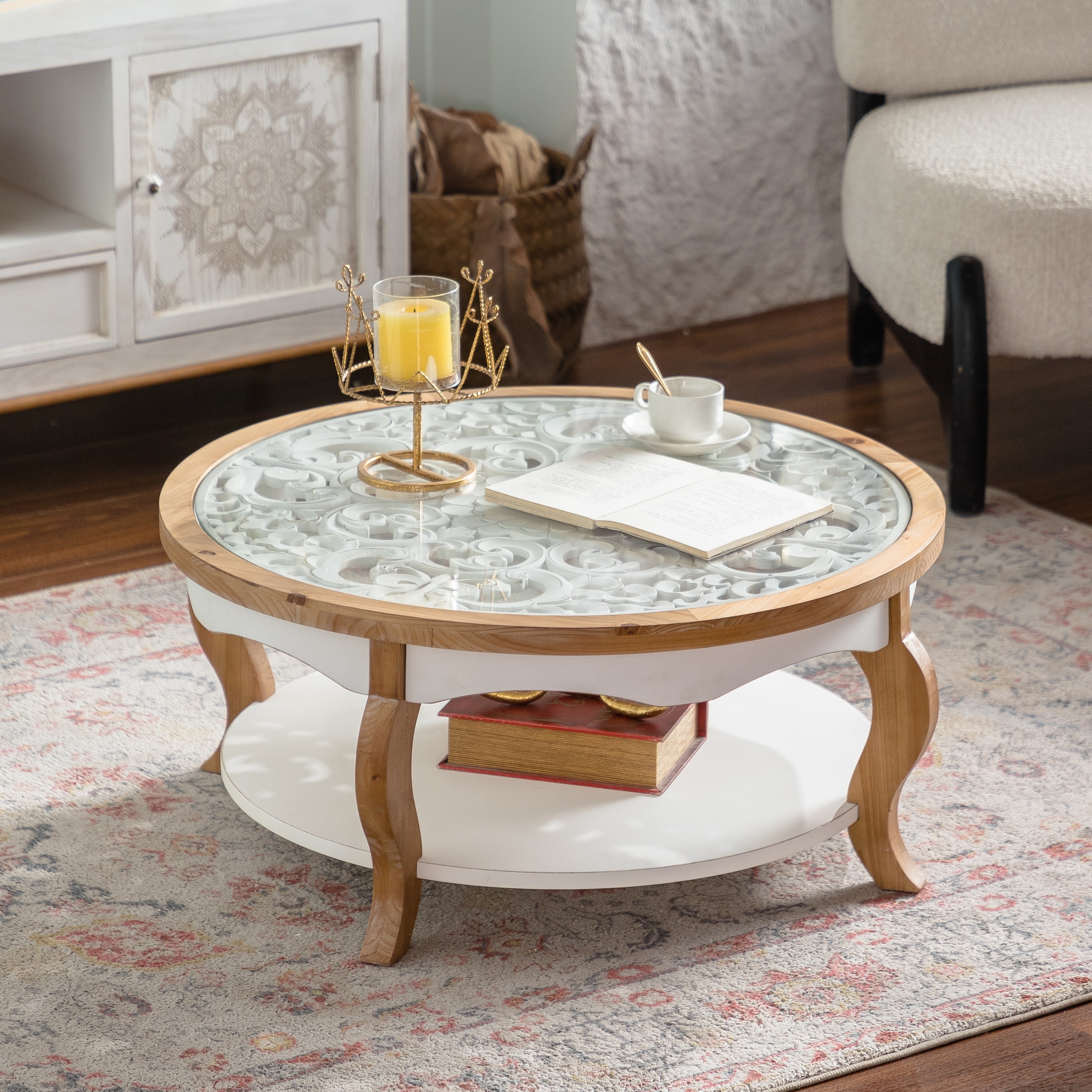GDFStudio - Farmhouse Round Coffee Table with Tempered Glass Top and 2-Tier Open Storage