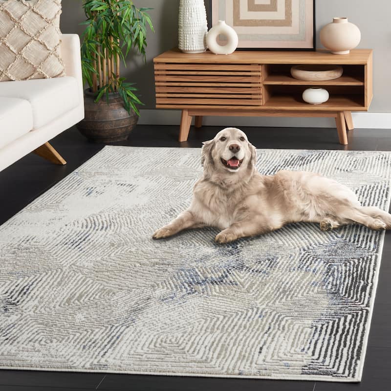 SAFAVIEH Pyramid Gunnlaug Modern Abstract Rug - 6'7" Round - Ivory Grey/Navy