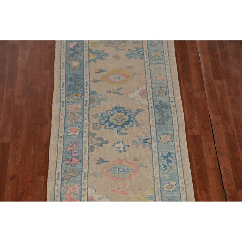 Hand Knotted Oriental 100% Wool Carpet Transitional Floral Beige & Ivories Oushak Runner Rug - 13' 2'' X 3' 2''