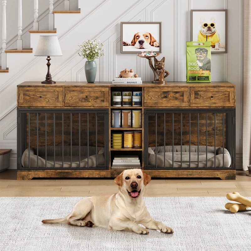 Wooden Dog Cage Crate Furniture TV Stand Large Dog Kennel with 4 Drawers and Shelves for 2 dogs