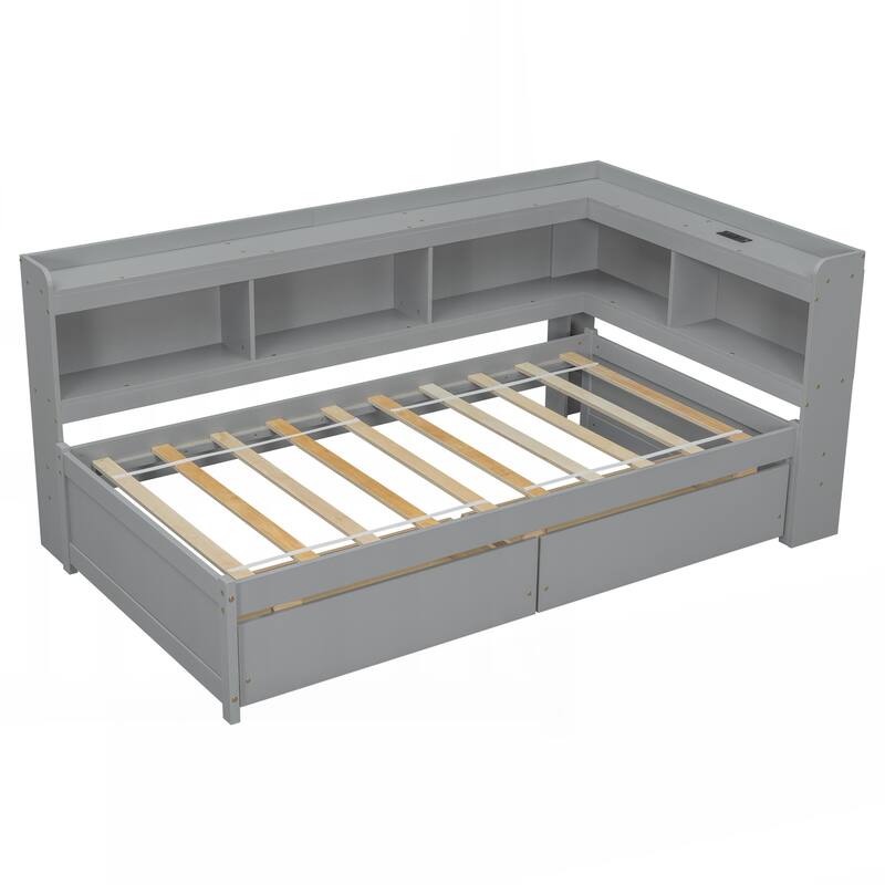 Twin Size L-shaped Bookcases Bed with Power Outlets, USB Charging Ports,Two Drawers