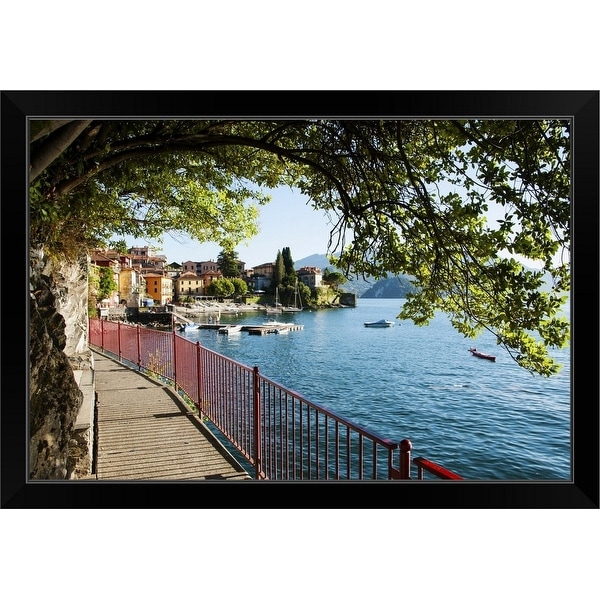 "Walkway along the shore of a lake, Varenna, Lake Como, Lombardy, Italy" Black Framed Print