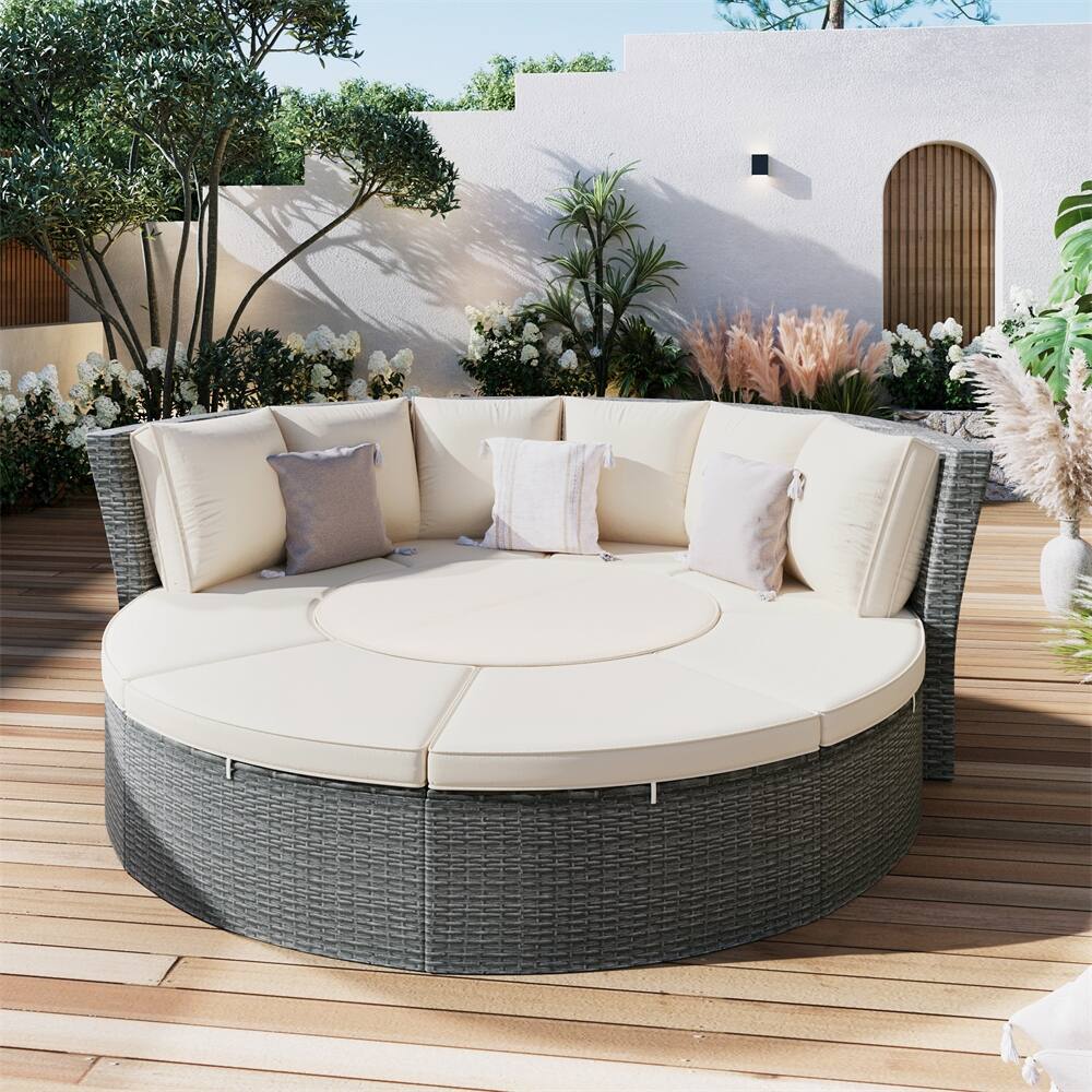 5-Piece Round Rattan Sectional Sofa Set with Round Liftable Table and