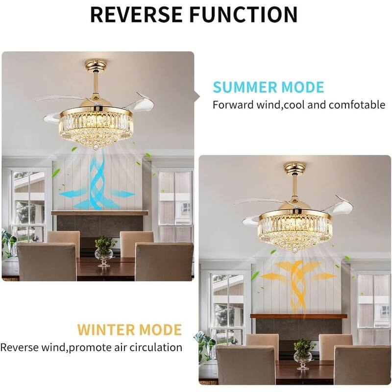 42'' Fandelier Ceiling Fan with Light, Retractable Chandelier Fan LED Dimmable Crystal Ceiling Fan for Bedroom Living Room