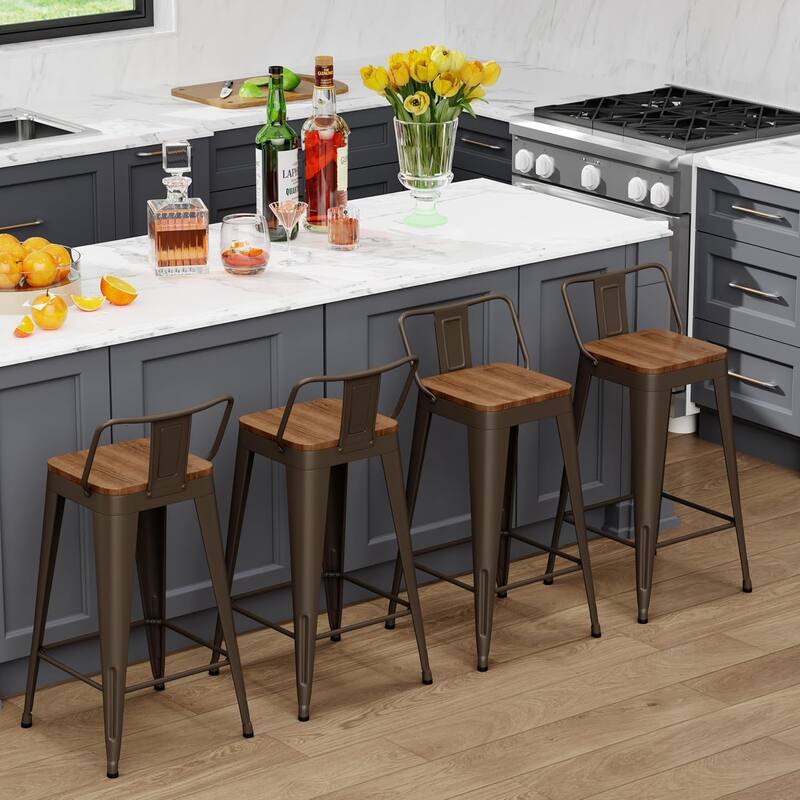 Counter & Bar Stools with Metal Frame Kitchen Stools with Low Back Kitchen Bar Furniture Stools with Square Wooden Seat