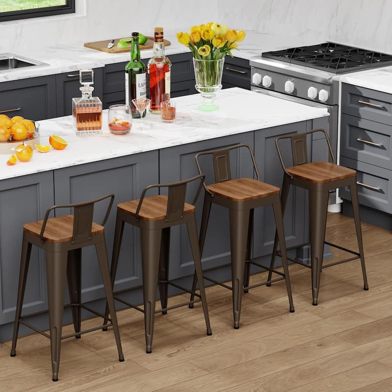 Counter Stools with Metal Frame Counter Height Bar stools with Low Back 24" Kitchen Bar Furniture Stools with Wooden Seat