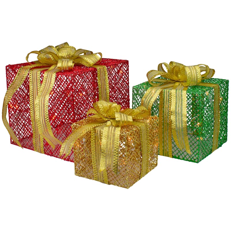 Set of 3 LED Lighted Red Green and Gold Glitter Gift Boxes Outdoor Christmas Decoration - 10"