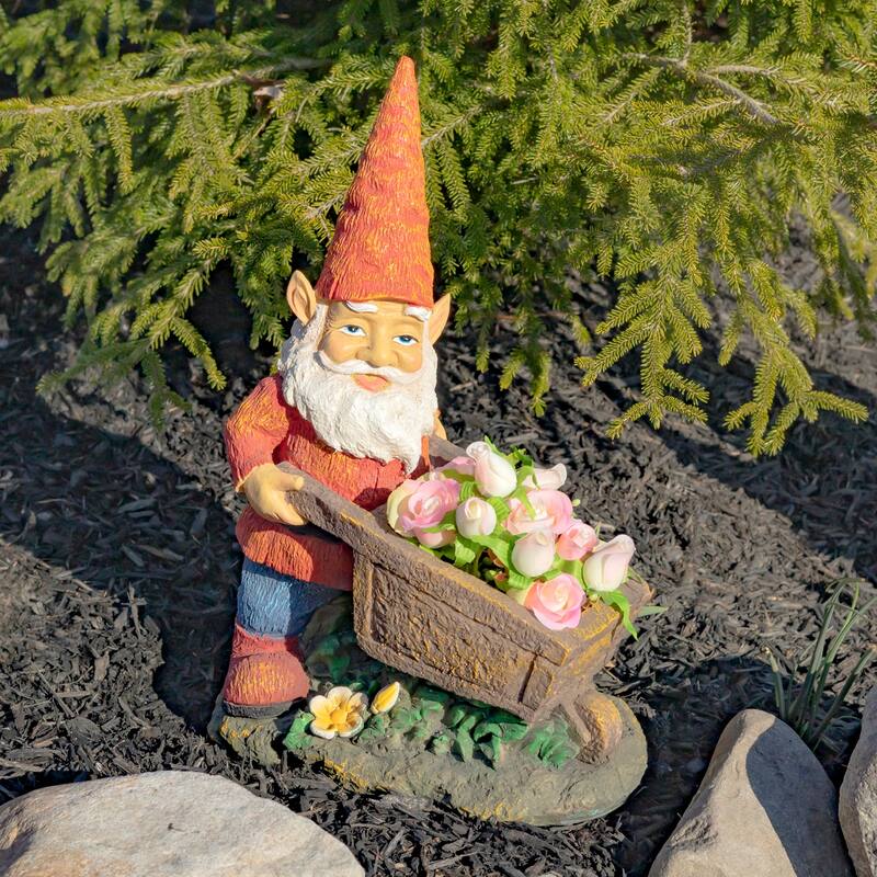 17 Inch Tall Spring Gnome Garden Statue with Wheelbarrow