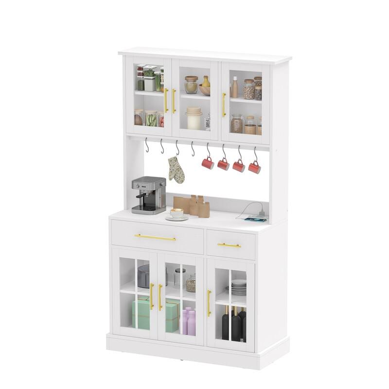 71" Tall Kitchen Pantry Hutch Storage Cabinet with Power Outlet,Freestanding Cupboard Storage Buffet with Drawers & Glass Doors