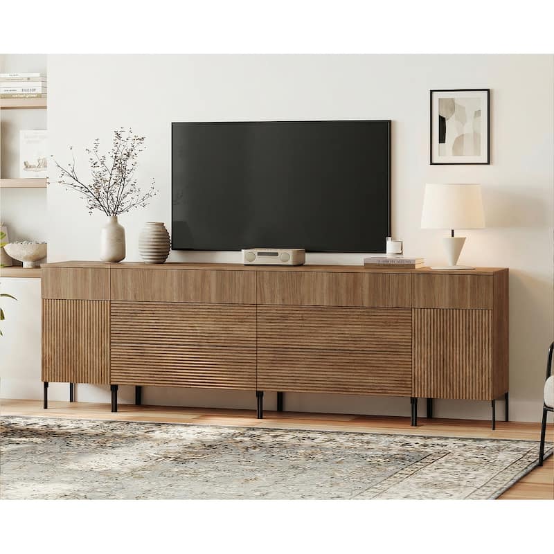94.5" Long Modern Reeded Dresser TV Stand With Drawers, Entertainment Center With Charging Station
