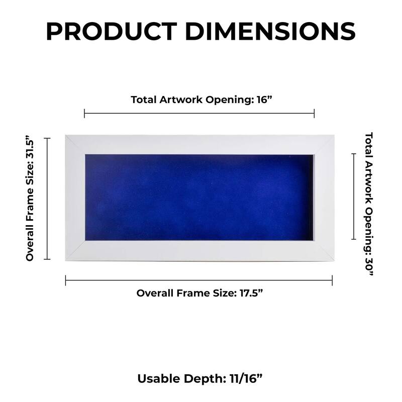 16x30 Shadow Box Frame White Wood | With a 3/4" Usable Display Depth | Includes a Royal Blue Real Suede Texture Acid-Free