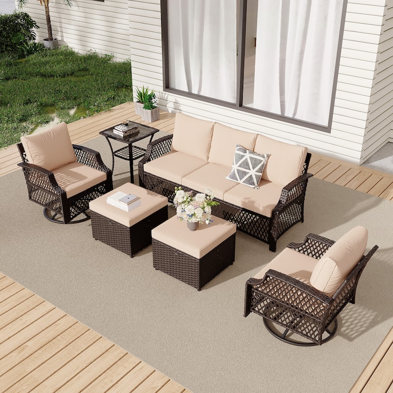 Outdoor Wicker Patio Set w Swivel Chairs & Sofa, Ottomans and Tables, Modular 3/5/6/7-Piece, All-Weather Conversation Set. - 6-Piece: Ottomans & Sofa - Khaki