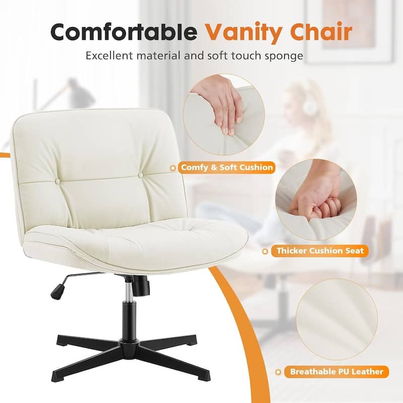 PU Leather Tilt Wide Seat Ergonomic Task Chair with Armless, Criss Cross Legged and No Wheels
