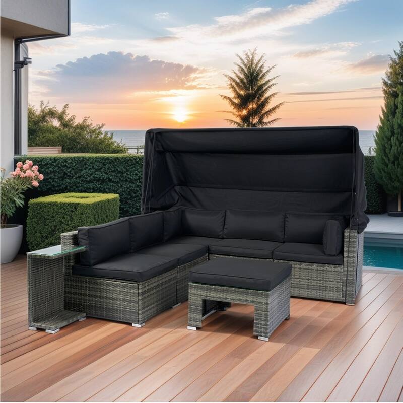 7 Piece Patio Furniture Set, Outdoor Rattan Sectional Sofa Set with Retractable Canopy, Cushions and Coffee Table