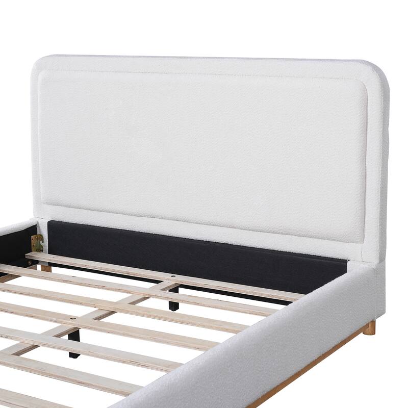 White Platform Bed Wingback Frame with Boucle Upholstered Curved Headboard, Solid Wood Base Low Profile Bed