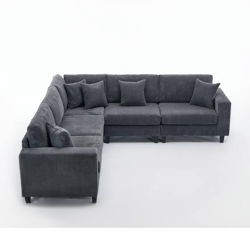 Oversized Modular Sectional Sofa Set, L Shaped, Corduroy Upholstered, 5 Seat, Gray