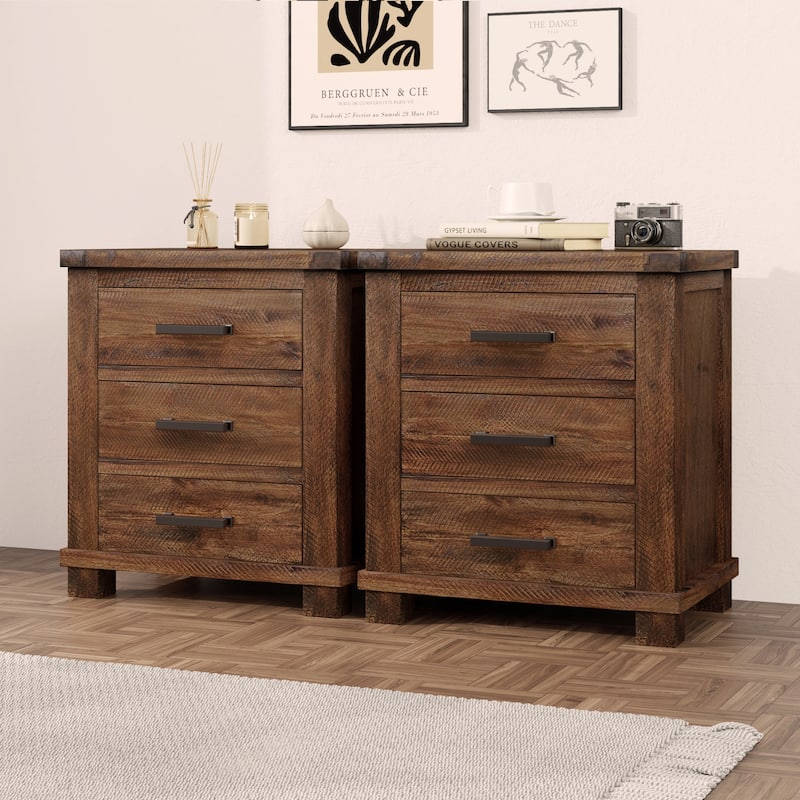 Rustic Farmhouse Nightstand - Reclaimed Solid Wood, Three Drawer Bedside Table, Small Wooden Dresser, Set of 2