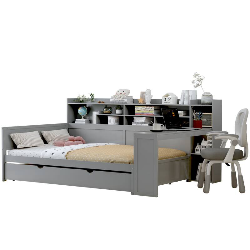 Multi-functional Gray Wooden Daybed with Storage Shelves, Twin Trundle Bed, and Study Desk
