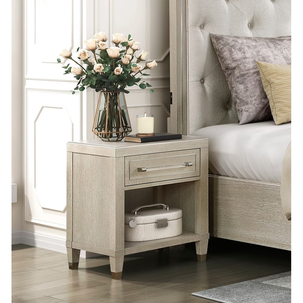 Nightstand with Charging Ports Storage Drawer and Shelf
