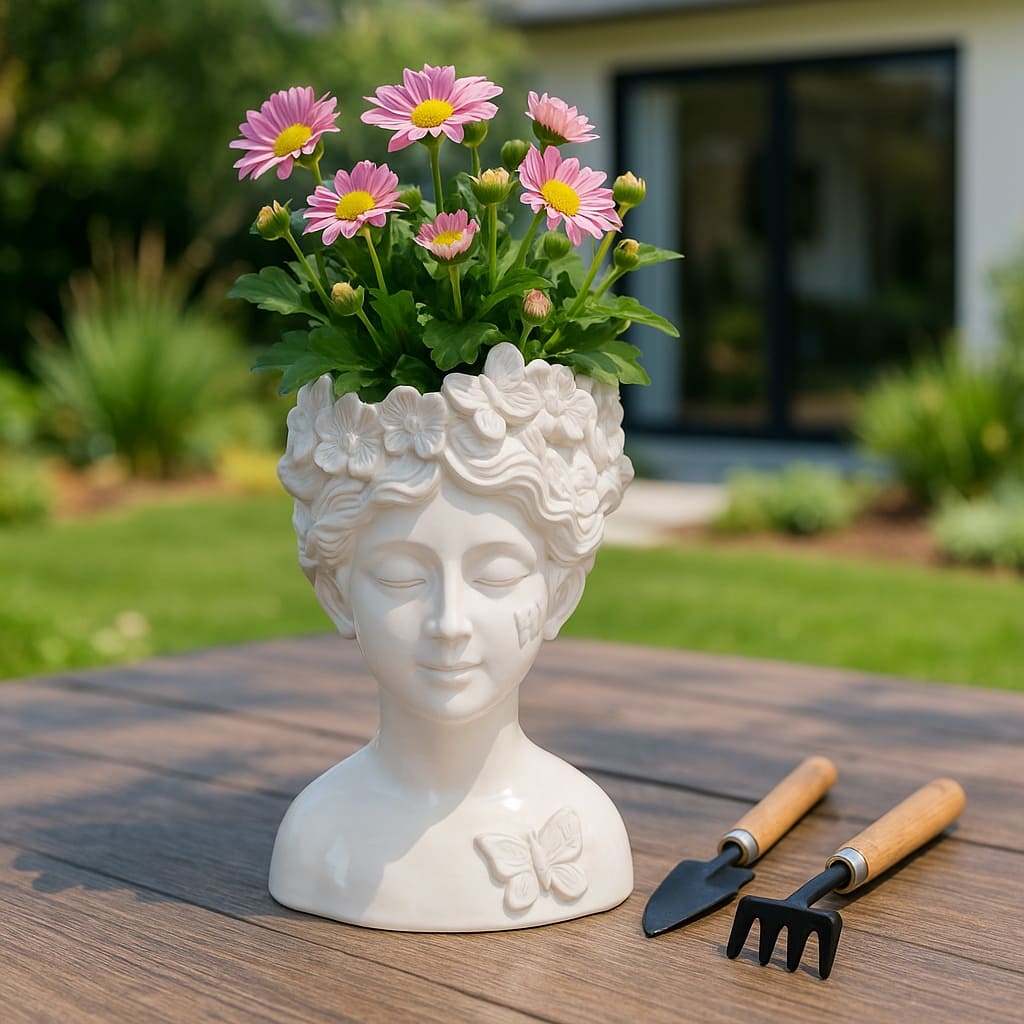 Ceramic Pot Planter Lady Crown Flower and Butterfly - 12" Ivory - 8" x 7" x 12"